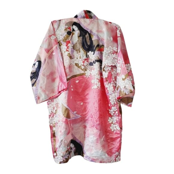 Vintage Japanese Traditional Satin Cherry Blossom Geisha Open Front Kimono OS - Picture 2 of 7
